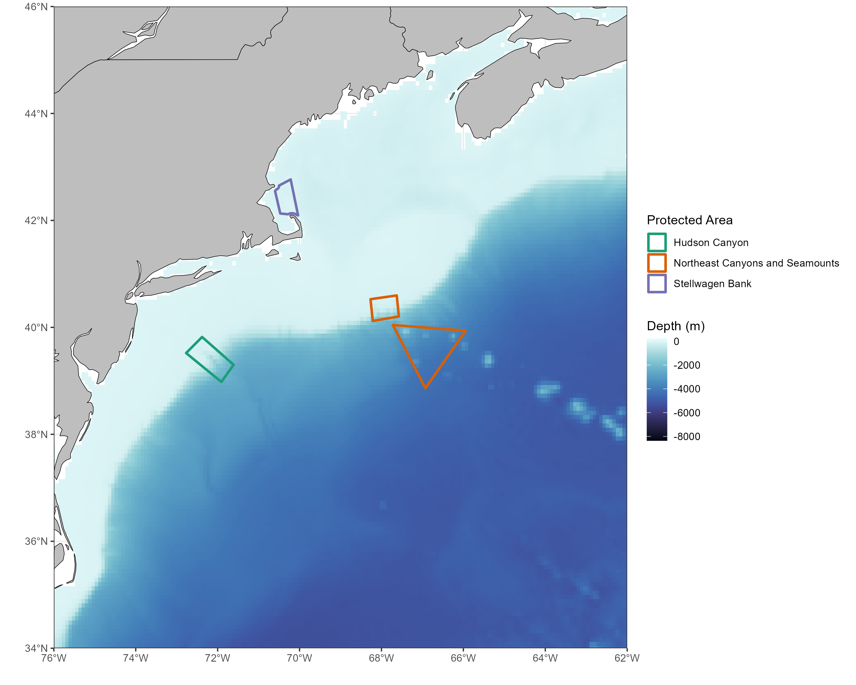 map showing location of the three protected areas: Hudson Canyon at the mouth of the Hudson River;  Northeast Canyons and Seamonts northeast of Hudson Canyon (and in  deeper waters); and Stellwagen Bank just east of Boston.